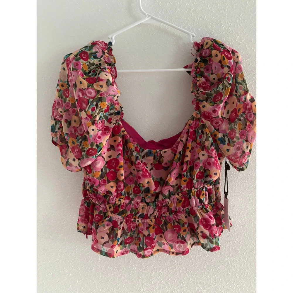 ASTR Top Women Large Pink Floral Puff Sleeve Corset Cropped Boho Coquette Preppy - Picture 2 of 4